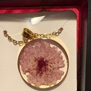November birth month  Gold tone Pendant Necklace with Pink Pressed Flower new